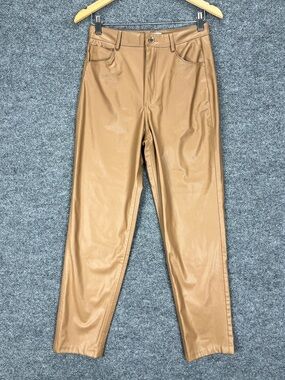 Zara Fauz Leather Pants Women 6 Camel Brown High Rise Straight Leg NEW With Tags